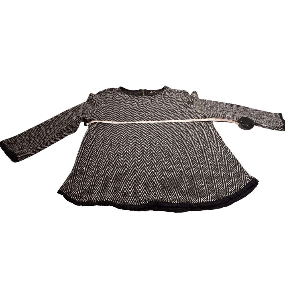 W5 Womens Small Black White Chevron Zig Zag Fringe Hem Flare Knit Top USA Made